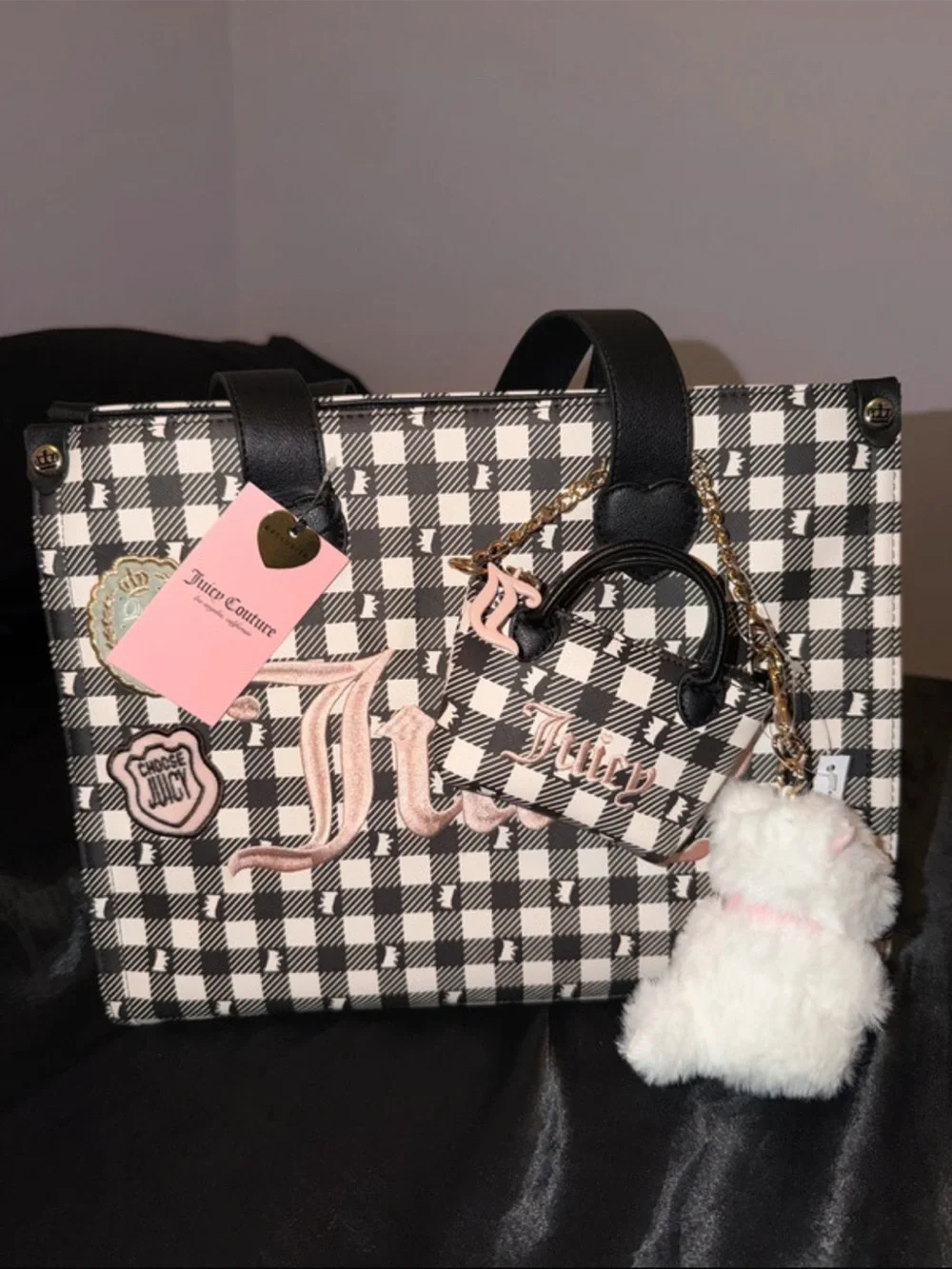 Juicy Couture Black & White Plaid Tote with Pink Accents and Pom Charm